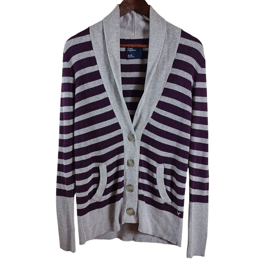 American Eagle Women's XL Grey Purple Casual Waffle Knit Button Sweater Cardigan
